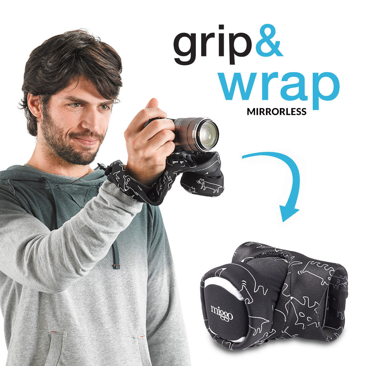 Serves as a camera grip (wrist strap) which morphs into a compact and padded camera carrier.